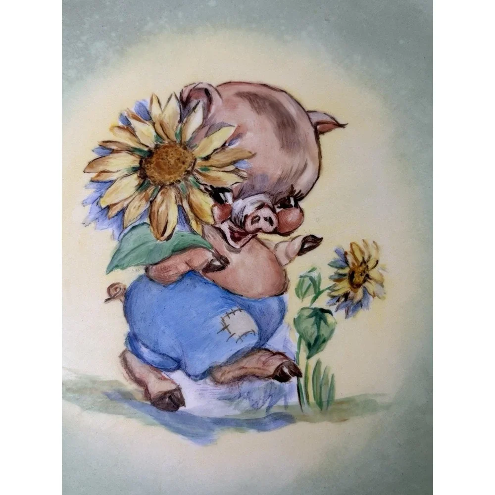 Vintage Piglet Sunflower Decorative Plate 8.5